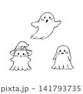 Cute Halloween ghost set with witch hat vector illustration. Hand drawn flying and floating spooky characters doodle line art isolated on white background. 141793735