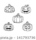 Cute Halloween pumpkin set with scary faces and starry pattern vector illustration. Hand drawn doodle jack-o-lanterns clip art isolated on white background. 141793736
