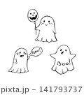 Cute Halloween ghosts set vector illustration. Hand drawn doodle ghost with balloon, speech bubble, and Boo lettering isolated on white background. 141793737