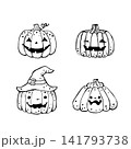 Hand drawn Halloween pumpkins set vector illustration. Cute spooky jack-o-lanterns and pumpkin in witch hat doodle outline clip art 141793738