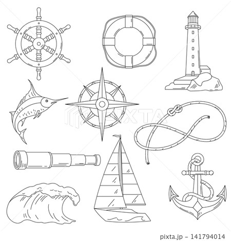 Nautical line symbols print. Travel and tourism background. Retro style conceptual illustration. 141794014