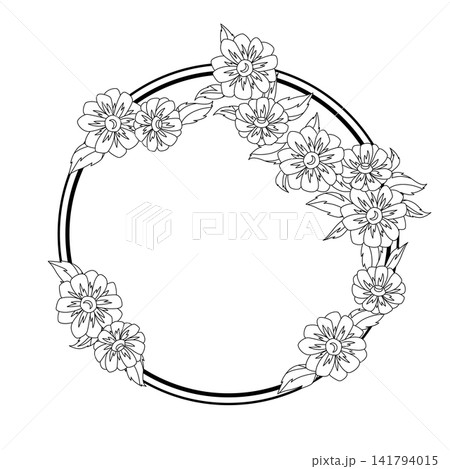 Flower frame with linear daisy. Circle with beautiful decorative summer flowers. Flower frame with linear daisy. Circle with beautiful decorative summer flowers. 141794015