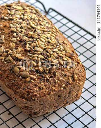 Fresh Keto Bread Loaf With Mixed Seed Topping Fresh Keto Bread Loaf With Mixed Seed Topping 141794301