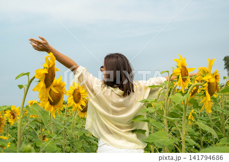 Young woman with shoulder length brown hair stands in sunflower field with arms raised, facing away under pale blue sky, surrounded by tall yellow blooms and green foliage in bright summer light Young woman with shoulder length brown hair stands in sunflower field with arms raised, facing away under pale blue sky, surrounded by tall yellow blooms and green foliage in bright summer light 141794686