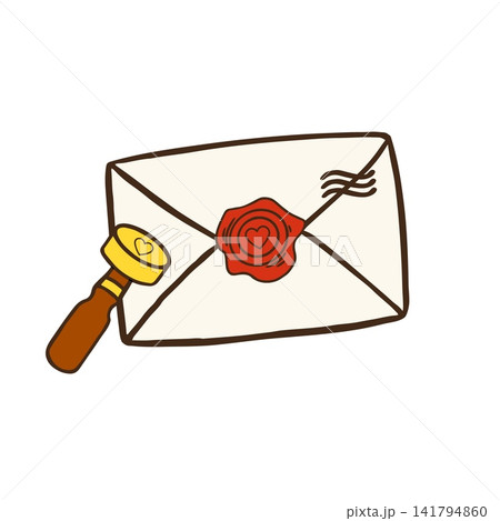 Cute doodle illustration of a love letter with a red wax seal and a heart-shaped stamp. Perfect for Valentine's Day designs, romantic messages, and postal themes. Isolated on white background Cute doodle illustration of a love letter with a red wax seal and a heart-shaped stamp. Perfect for Valentine's Day designs, romantic messages, and postal themes. Isolated on white background 141794860