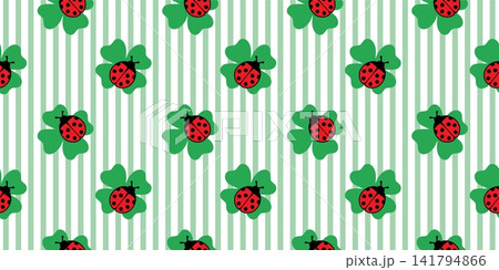 Ladybug on four leaf clover with green stripes seamless pattern. Symbols of good luck on stripes backdrop. Ladybird on shamrock with stripes. St. Patrick s Day background Ladybug on four leaf clover with green stripes seamless pattern. Symbols of good luck on stripes backdrop. Ladybird on shamrock with stripes. St. Patrick s Day background 141794866