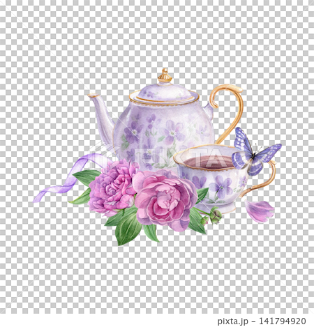 Watercolor illustration of a vintage floral tea set with pink peonies, a purple ribbon, Morpho butterfly and petals. Perfect for stationery, tea packaging, greeting cards, home decor and branding Watercolor illustration of a vintage floral tea set with pink peonies, a purple ribbon, Morpho butterfly and petals. Perfect for stationery, tea packaging, greeting cards, home decor and branding 141794920