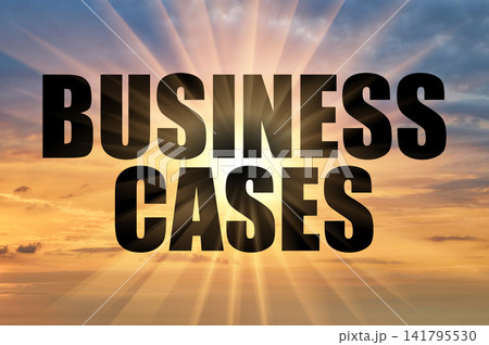 Business cases conceptual phrase on a colorful glowing sky with sun rays Business cases conceptual phrase on a colorful glowing sky with sun rays 141795530