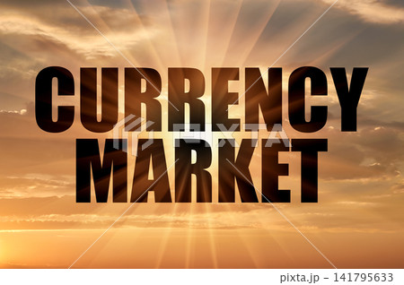 Currency market text against golden sun rays in evening sky 141795633