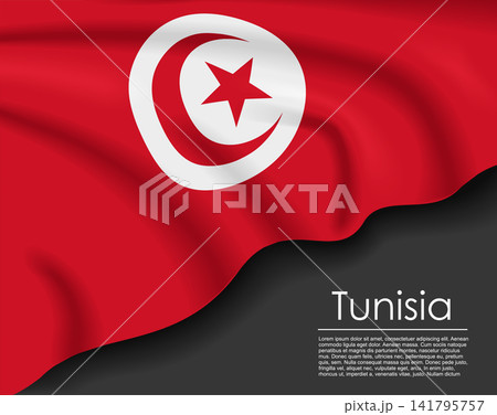 Tunisian waving flag template for national day or travel concept. Vector illustration. Tunisian waving flag template for national day or travel concept. Vector illustration. 141795757