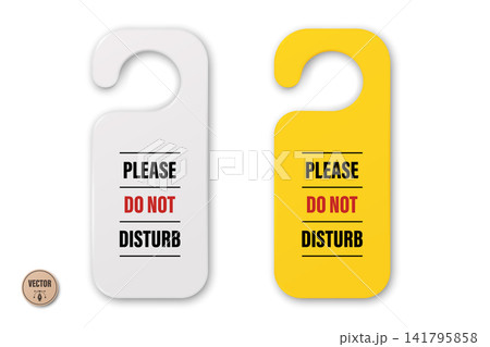 Do Not Disturb Sign, Vector Illustration. 3d Do Not Disturb Door Hanger. White and Yellow Do Not Disturb Hotel Room Door Tag. Privacy Notice, Hotel Room Sign, Hanging Door Label 141795858
