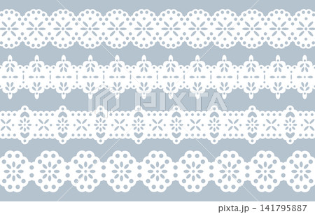Lace ribbon borders. Decorative crochet lace borders and trim patterns flat vector illustration set. Vintage textile ornaments collection 141795887