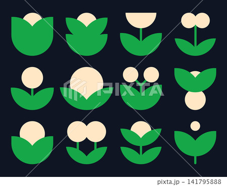 Minimal flower icons. Scandinavian tulip and blossom symbols for pattern design flat vector illustration set. Bauhaus memphis botanical symbols collection 141795888
