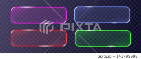 Futuristic multicolor glass UI buttons set with glowing purple, blue, red and green gradient outlines. Rounded rectangle shapes with transparent glossy effect isolated on transparent background. Futuristic multicolor glass UI buttons set with glowing purple, blue, red and green gradient outlines. Rounded rectangle shapes with transparent glossy effect isolated on transparent background. 141795998