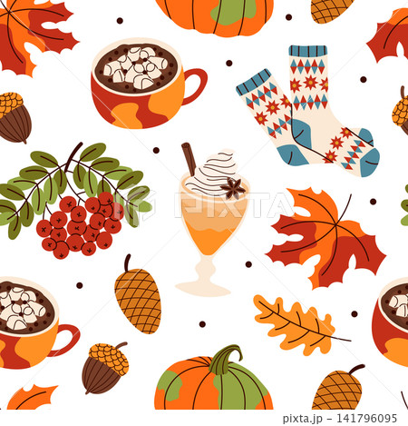 Cozy hygge autumn seamless pattern featuring flat vector illustrations of pumpkins, hot chocolate with marshmallows, warm winter socks, rowan berries, and colorful fall leaves on a white background. Cozy hygge autumn seamless pattern featuring flat vector illustrations of pumpkins, hot chocolate with marshmallows, warm winter socks, rowan berries, and colorful fall leaves on a white background. 141796095