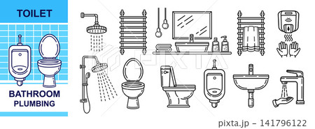 Bathroom toilet restroom plumbing. Washbasin sink faucet, shower, urinal, water closet, electric hand dryer. Hygiene wash basin with mirror. Heater towel rail. Washroom sanitary equipment icon. Vector Bathroom toilet restroom plumbing. Washbasin sink faucet, shower, urinal, water closet, electric hand dryer. Hygiene wash basin with mirror. Heater towel rail. Washroom sanitary equipment icon. Vector 141796122
