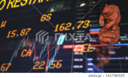 Powerful Bear Symbol Over Global Stock Market Trading Screens 3d render. 141796505