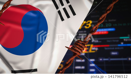 South Korean Economy Under Pressure Behind Barbed Wire 3d render. South Korean Economy Under Pressure Behind Barbed Wire 3d render. 141796512