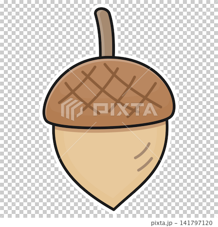 Flat style sticker illustration of an oak acorn seed isolated on transparent background. Autumn nut forest element vector graphic icon design for fall seasonal creative project asset. 141797120