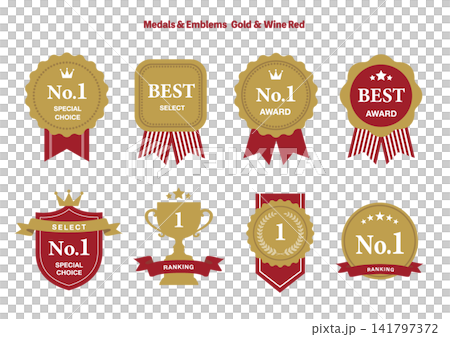 Set of 8 gold and wine red medal emblems (No. 1, ranking, award badge, trophy) 141797372