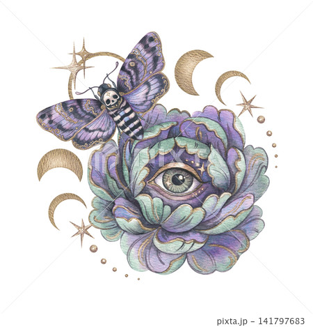 Watercolor death head moth with eye peony flower. Hand drawn watercolor opulent wings with violet green blossom and gold crescent star. Witchcraft graphic for halloween poster. Gothic fantasy design. Watercolor death head moth with eye peony flower. Hand drawn watercolor opulent wings with violet green blossom and gold crescent star. Witchcraft graphic for halloween poster. Gothic fantasy design. 141797683