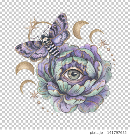Watercolor death head moth with eye peony flower. Hand drawn watercolor opulent wings with violet green blossom and gold crescent star. Witchcraft graphic for halloween poster. Gothic fantasy design. Watercolor death head moth with eye peony flower. Hand drawn watercolor opulent wings with violet green blossom and gold crescent star. Witchcraft graphic for halloween poster. Gothic fantasy design. 141797683