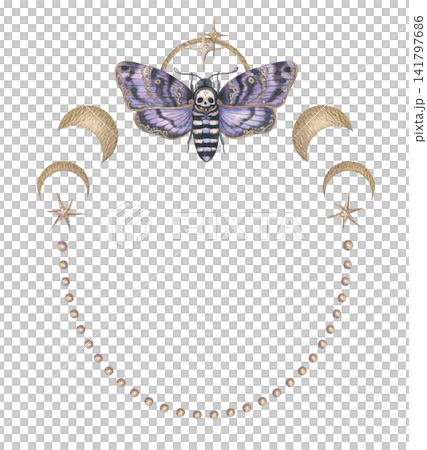 Oval wreath with death head hawkmoth and gold moon phase. Hand drawn watercolor purple Acherontia atropos with crescent and bead frame. Celestial template for halloween design. Gothic witchy graphic. Oval wreath with death head hawkmoth and gold moon phase. Hand drawn watercolor purple Acherontia atropos with crescent and bead frame. Celestial template for halloween design. Gothic witchy graphic. 141797686