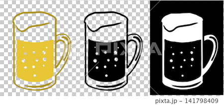 Beer in woodblock print-style mugs - color and monochrome set Beer in woodblock print-style mugs - color and monochrome set 141798409