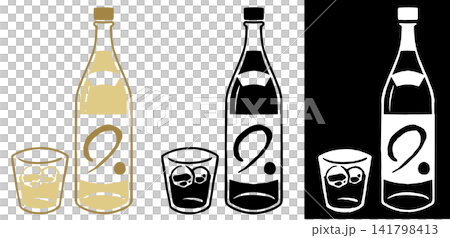 木版畫風格的燒酒(日本清酒)和玻璃器皿套裝(彩色和單色) 木版畫風格的燒酒(日本清酒)和玻璃器皿套裝(彩色和單色) 141798413
