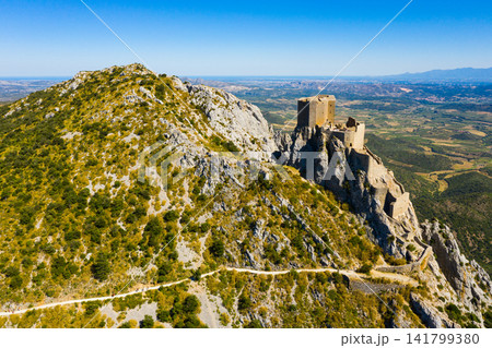 Panoramic view of castle Chateau de Queribus. Aude department. France Panoramic view of castle Chateau de Queribus. Aude department. France 141799380