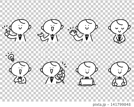 Cute hand-drawn business man set - line art: greeting, OK, inspiration, phone, computer, bowing Cute hand-drawn business man set - line art: greeting, OK, inspiration, phone, computer, bowing 141799848
