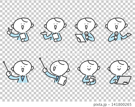 Cute hand-drawn business man set for presentations, speeches, explanations, and microphones. Cute hand-drawn business man set for presentations, speeches, explanations, and microphones. 141800265
