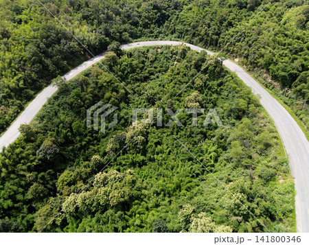Aerial view forest nature with car on the road on the mountain green tree top view road curve Aerial view forest nature with car on the road on the mountain green tree top view road curve 141800346