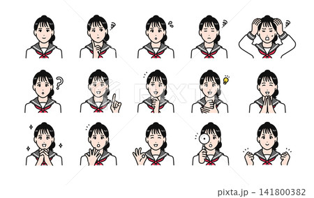セーラー服を着た女子学生のシンプルなベクター表情アイコンイラストセット素材 セーラー服を着た女子学生のシンプルなベクター表情アイコンイラストセット素材 141800382