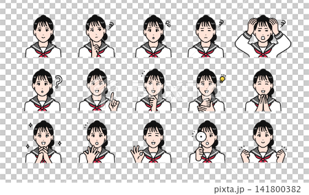 セーラー服を着た女子学生のシンプルなベクター表情アイコンイラストセット素材 セーラー服を着た女子学生のシンプルなベクター表情アイコンイラストセット素材 141800382