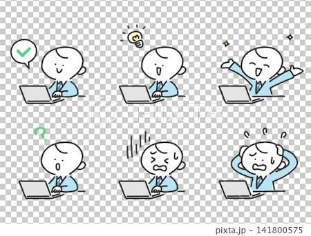 A set of hand-drawn line art depicting the expressions and emotions of a cute business man working on his computer. A set of hand-drawn line art depicting the expressions and emotions of a cute business man working on his computer. 141800575