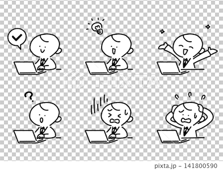 一組描繪一位可愛商務男士在電腦前工作的面部表情和情緒的手繪單色線條藝術作品。 一組描繪一位可愛商務男士在電腦前工作的面部表情和情緒的手繪單色線條藝術作品。 141800590