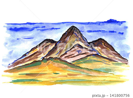 Bright color hand drawn mountain landscape. Watercolor, gouache illustration for travel, tourism, nature design. Bright color hand drawn mountain landscape. Watercolor, gouache illustration for travel, tourism, nature design. 141800756