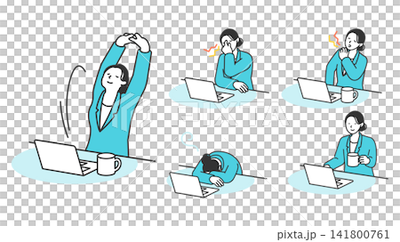 A woman tired from desk work refreshes herself with stretches and breaks during computer work. A woman tired from desk work refreshes herself with stretches and breaks during computer work. 141800761