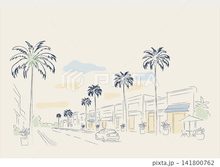 ヤシの木が並ぶおしゃれな海外の街並みの線画イラスト 141800762