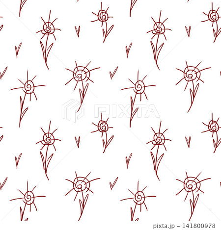 Minimalistic simple seamless pattern for decoration of fabric, packaging, wrapping paper. Abstract flowers of spines are drawn in brown outline on a white background. Minimalistic simple seamless pattern for decoration of fabric, packaging, wrapping paper. Abstract flowers of spines are drawn in brown outline on a white background. 141800978