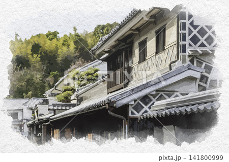水彩画風 倉敷美観地区 東町通り 岡山県倉敷市 水彩画風 倉敷美観地区 東町通り 岡山県倉敷市 141800999