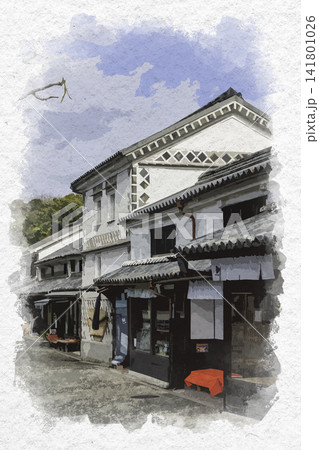 水彩画風　倉敷美観地区　倉敷川沿いの商店　岡山県倉敷市 141801026