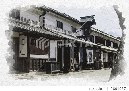水彩画風　倉敷美観地区　倉敷川沿いの商店　岡山県倉敷市 141801027