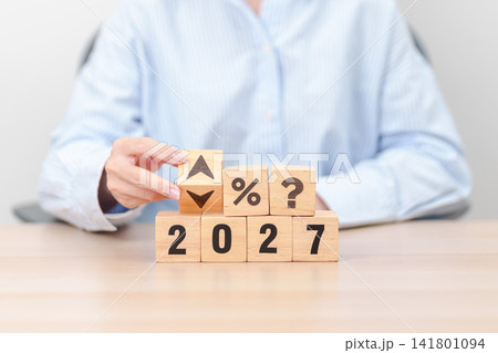 2027 New year with questions mark and percentage icon. Interest rate, GDP, stocks market, financial, deflation and Inflation, mortgage, debt, Loan and Economic Recession 141801094