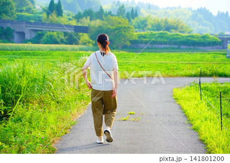 のどかな田園を散歩している女性の後姿 のどかな田園を散歩している女性の後姿 141801200