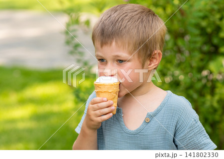 Young Boy Eating Vanilla Ice Cream in Park Young Boy Eating Vanilla Ice Cream in Park 141802330
