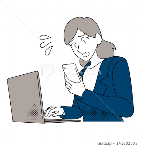 仕事中にスマートフォンを見て困るビジネス女性のイラスト 141802355