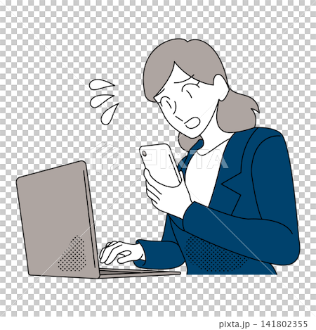仕事中にスマートフォンを見て困るビジネス女性のイラスト 141802355
