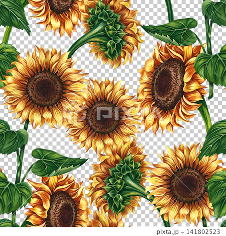 Seamless pattern with sunflowers. Hand-drawn watercolor illustration. Beautiful floral pattern. Perfect for textiles, decor, packaging and labels, prints, wallpapers, and more. Seamless pattern with sunflowers. Hand-drawn watercolor illustration. Beautiful floral pattern. Perfect for textiles, decor, packaging and labels, prints, wallpapers, and more. 141802523
